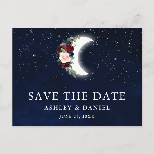 Celestial Blue Sky Floral Moon Save The Date Briefkaart (Voorkant)