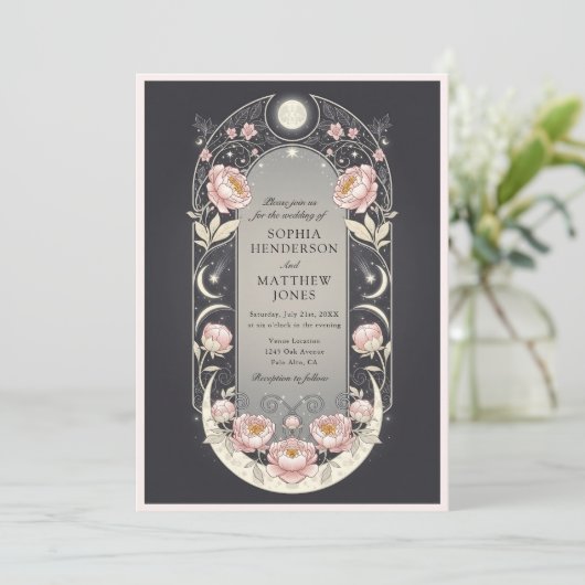 Celestial Blush Blossom Art Nouveau Wedding Kaart (Staand voorkant)