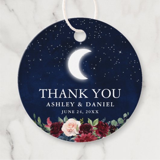 Celestial Bruiloft Blauwe Hemel Maan Sterren Bloem Bedankjes Labels (Voorkant)