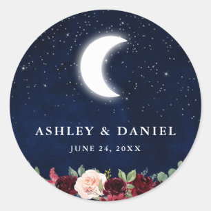 Celestial Bruiloft Blauwe Hemel Maan Sterren Bloem Ronde Sticker