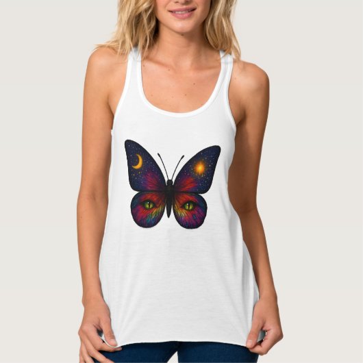 Celestial Cat-Eye Butterfly | Cosmic Sun Moon Boho Tanktop (Voorkant)
