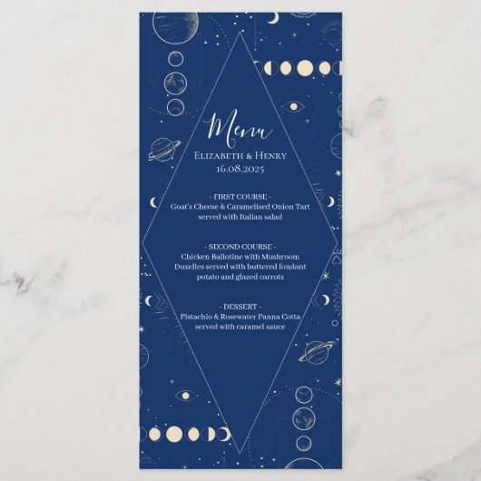 Celestial cosmic ethereal sun moon stars wedding menu (Voorkant)