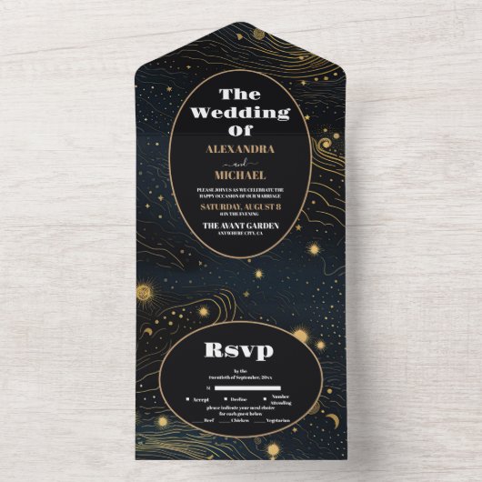 Celestial Crescent Moon Gouden Bruiloft All In One Uitnodiging (Binnen)
