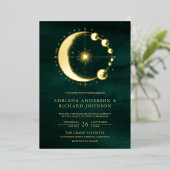 Celestial Crescent Moon Phase Emerald Wedding Gold Folie Uitnodiging (Staand Voorkant)