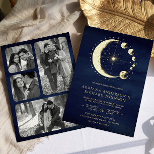 Celestial Crescent Moon Phases Blue Wedding Gold Folie Uitnodiging