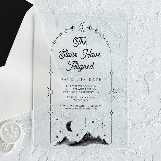 Celestial Crescent Moon Wedding Save the Date Acryl Uitnodigingen