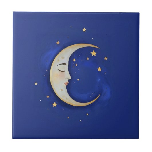 Celestial Crescent Moon with Face Gold Dark Blue Tegeltje (Voorkant)