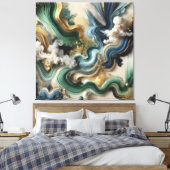 Celestial Currents – Abstract goud en smaragdgroen Canvas Afdruk (Insitu (Slaapkamer))