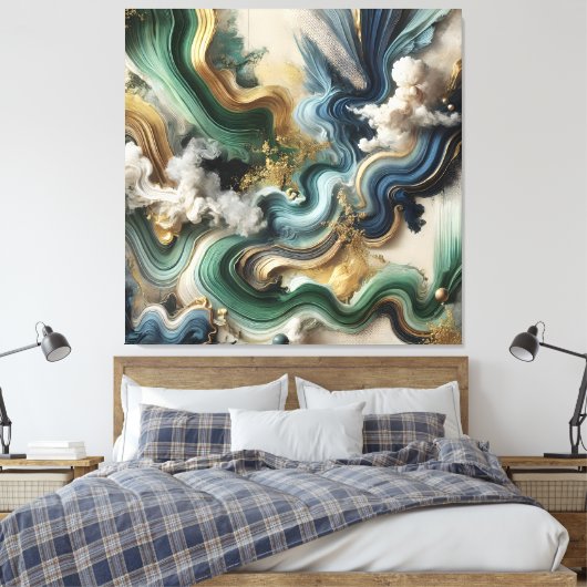 Celestial Currents – Abstract goud en smaragdgroen Canvas Afdruk (Insitu (Slaapkamer))