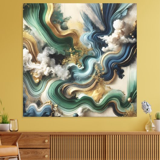 Celestial Currents – Abstract goud en smaragdgroen Canvas Afdruk (Insitu (Woonkamer))