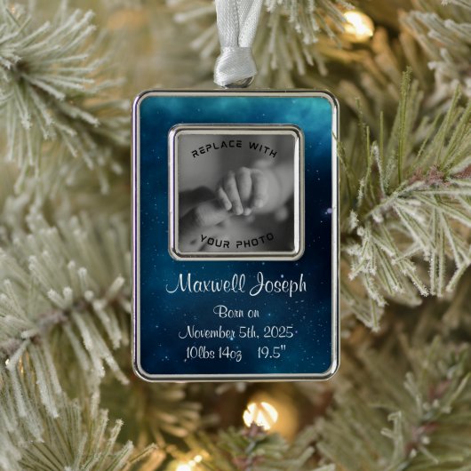 Celestial Deep Blue Outer Space Geboorteherinnerin Verzilverd Kader Ornament (Boom)