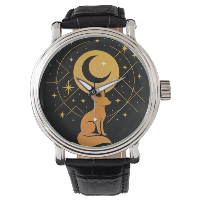 Celestial Desert Fox – Kosmische Maan en Sterren Horloge (Voorkant)