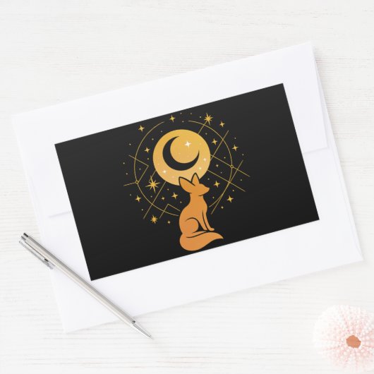 Celestial Desert Fox – Kosmische Maan en Sterren Rechthoekige Sticker (Envelop)