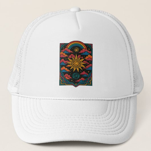 Celestial Dreams – Retro Zon & Regenboog Tarot Art Trucker Pet (Voorkant)