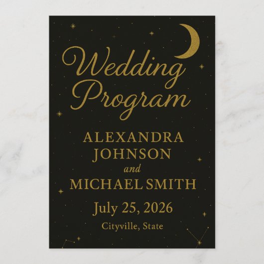 Celestial Elegant Black & Gold Wedding Programme (Devant)