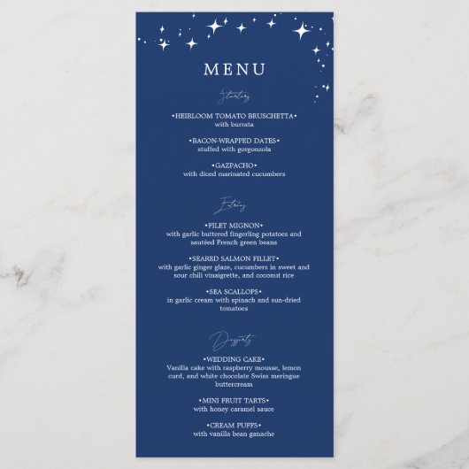 Celestial Elegant Navy Blue Wedding Flat Menu (Voorkant)