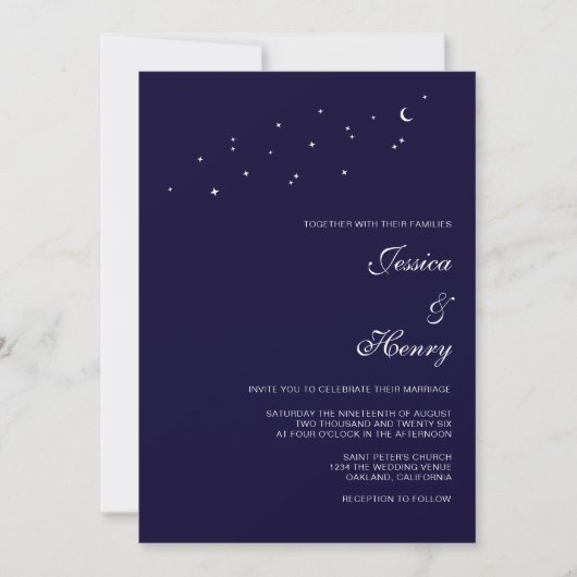 Celestial Elegant Script Midnight Blue Wedding Kaart (Voorkant)