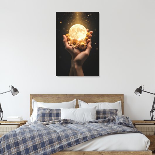 Celestial Embrace: Moon & Flowers Canvas Art Afdruk (Insitu (Slaapkamer))
