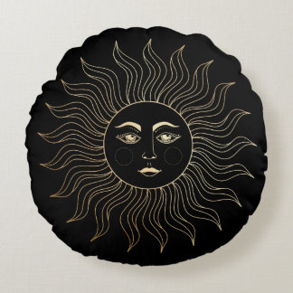 Celestial Faux Gold Sun  Black Rond Kussen