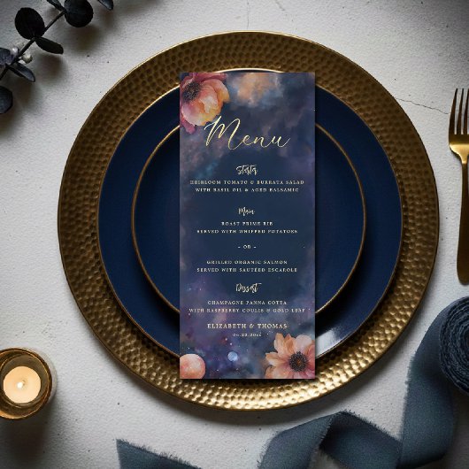 Celestial Floral Galaxy Starry Night Blue Wedding Menu