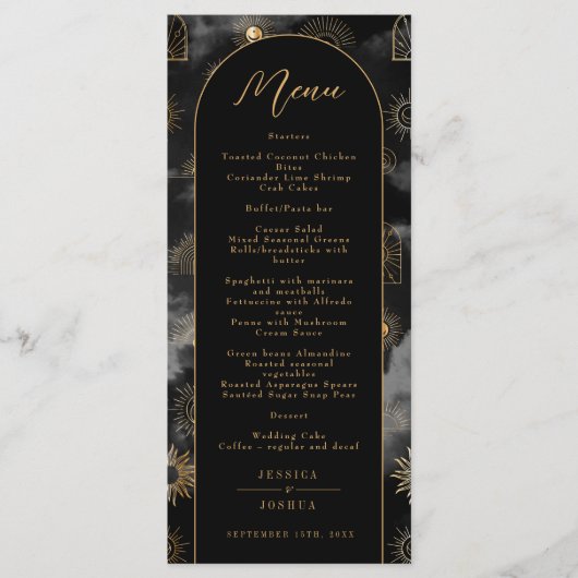 Celestial Galaxy Sun Crescent Moon Black Boho Menu (Voorkant)