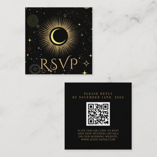 Celestial Galaxy Zwart QR Code Bruiloft RSVP Informatiekaartje (Voorkant / Achterkant)