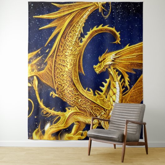 Celestial Gold Dragon Tapestry Wandkleed (In situ)