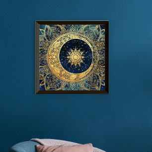 Celestial Gold Moon Sun Mandala Waterverf Nebula Poster