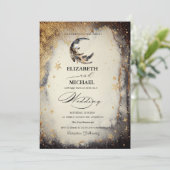 Celestial Gold Stars Moon Feather Dark Invitation (Debout devant)