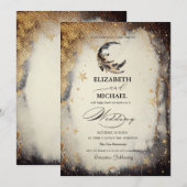 Celestial Gold Stars Moon Feather Dark Invitation (Devant / Derrière)