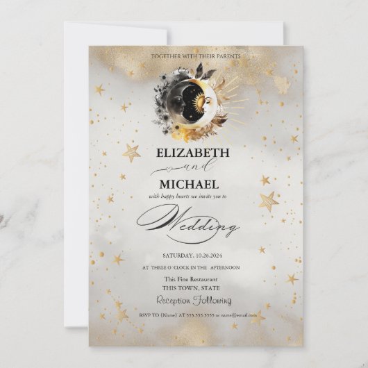 Celestial Gold Stars Moons Bloemen Script Kaart (Voorkant)