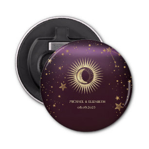 Celestial Gold Sun en Moon Stars Burgundy Button Flesopener