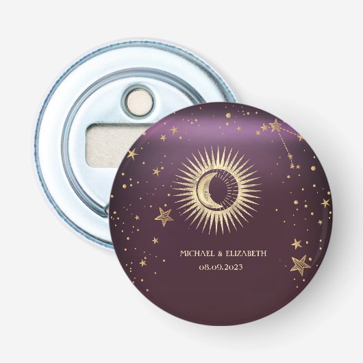 Celestial Gold Sun en Moon Stars Burgundy Button Flesopener (Voorkant)