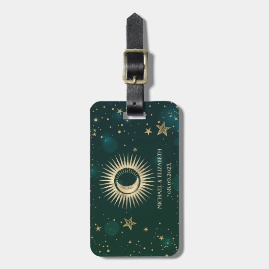 Celestial Gold Sun en Moon Stars Green Bagagelabel (Voorkant verticaal)