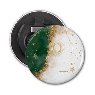 Celestial Gold Sun en Moon Stars Green Button Flesopener