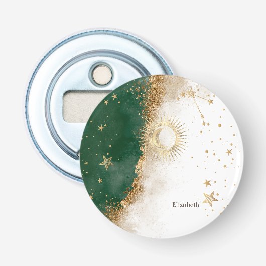 Celestial Gold Sun en Moon Stars Green Button Flesopener (Voorkant)