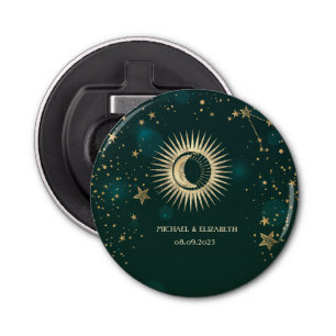 Celestial Gold Sun en Moon Stars Green Button Flesopener