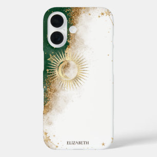 Celestial Gold Sun en Moon Stars Green iPhone 16 Hoesje