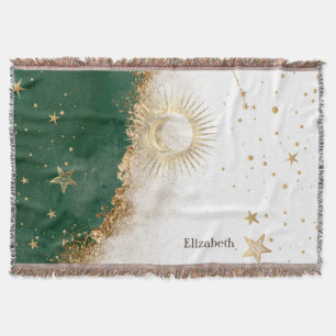 Celestial Gold Sun en Moon Stars Green Deken