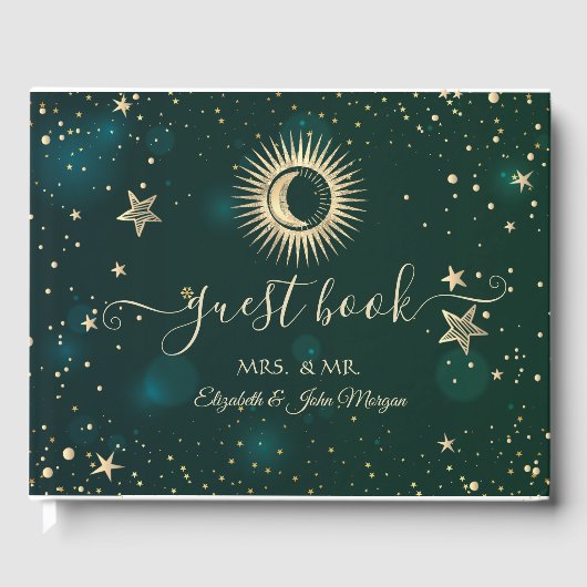 Celestial Gold Sun en Moon Stars Green Gastenboek (Voorkant)