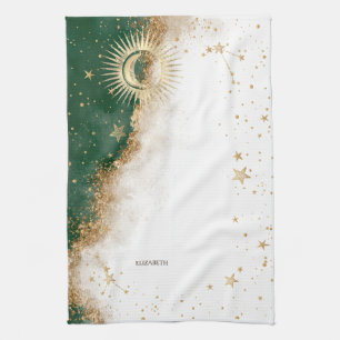 Celestial Gold Sun en Moon Stars Green Theedoek