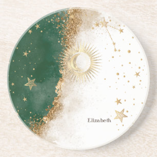 Celestial Gold Sun en Moon Stars Green Zandsteen Onderzetter