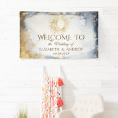 Celestial Gold Sun, maan, Waterverf sterren Spandoek (Insitu)