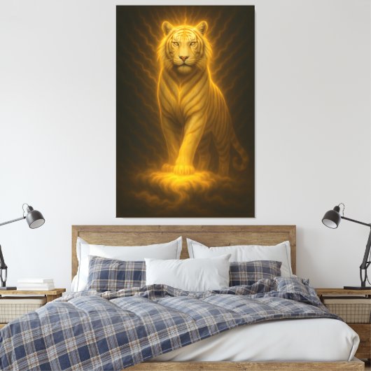 Celestial Golden White Tiger – Divine Gaze Luminou Canvas Afdruk (Insitu (Slaapkamer))