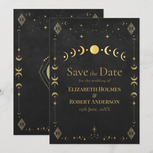 Celestial Gothic Black and Gold Save the Date Card (Voorkant / Achterkant)