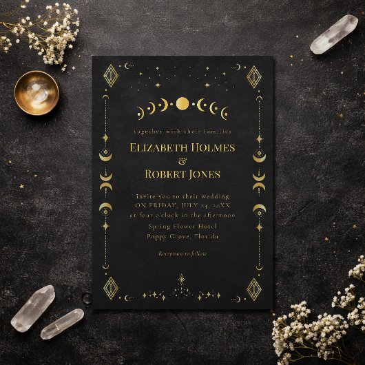 Celestial Gothic Black and Gold Wedding Invitation