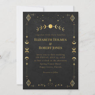 Celestial Gothic Black and Gold Wedding Invitation