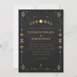 Celestial Gothic Black and Gold Wedding Invitation Kaart