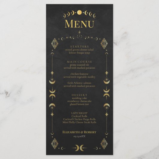Celestial Gothic Black and Gold Wedding Menu Card (Voorkant)