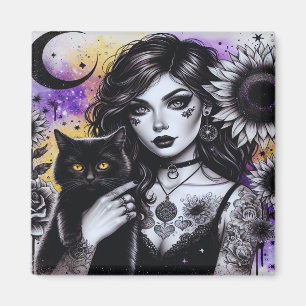 Celestial Gothic Witch en Zwarte Kat Magneet